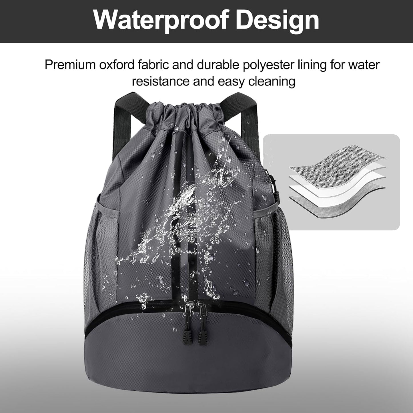 Hoedia Sports Drawstring Backpack - String Swim Gym Bag with Shoes Compartment and Wet Proof Pocket for Women/Men