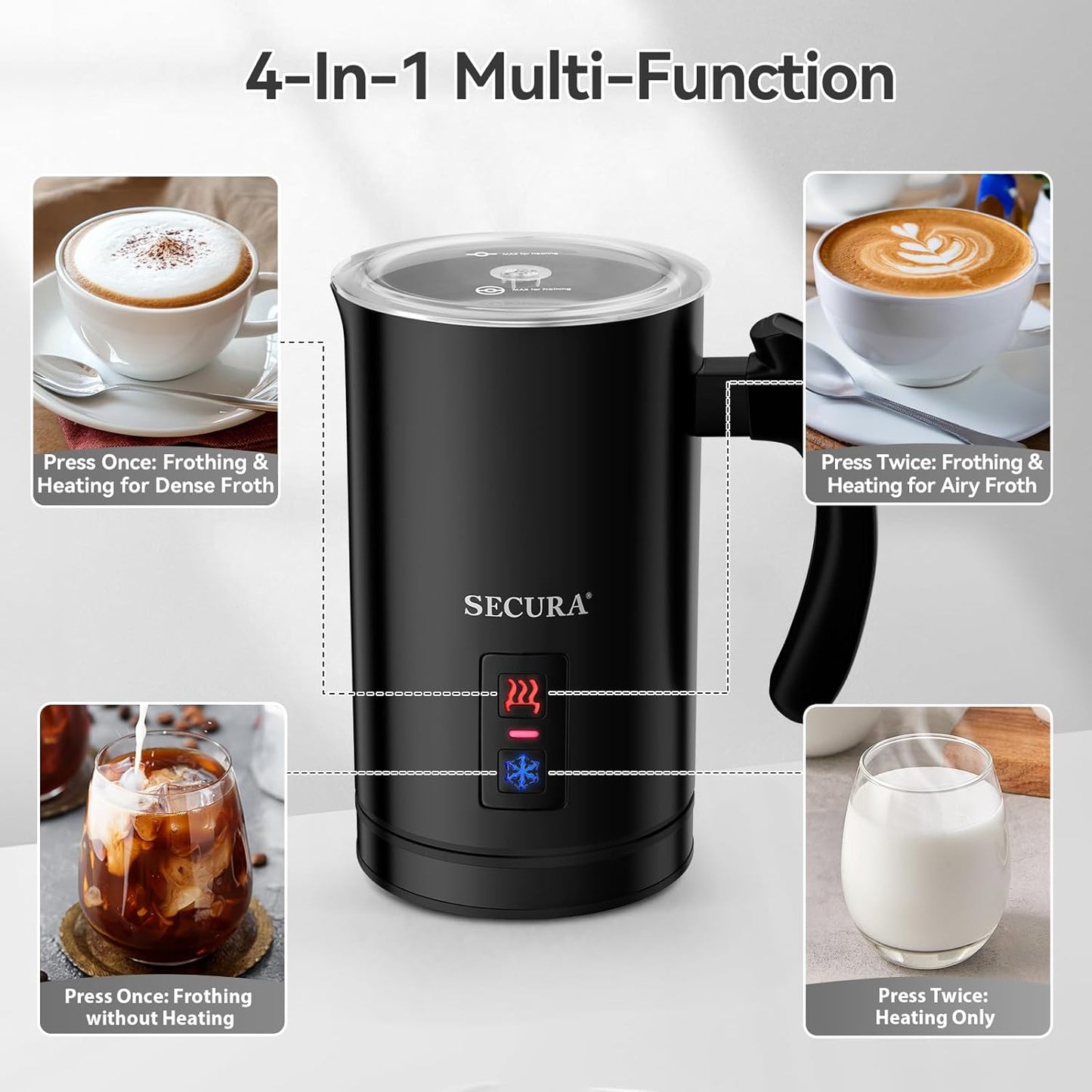Secura Electric Milk Frother, Automatic Milk Steamer Warm or Cold Foam Maker for Coffee, Cappuccino, Latte, Stainless Steel Milk Warmer with Strix Temperature Controls