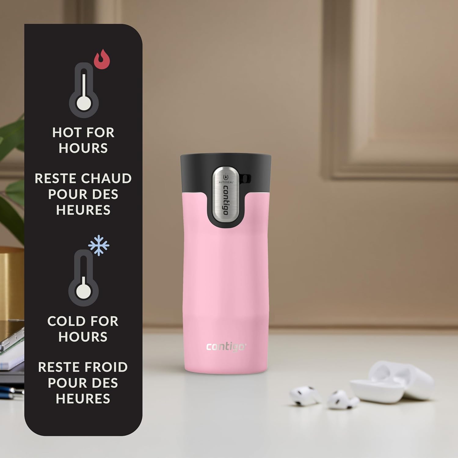 Vacuum Insulated Stainless Steel Travel Mug with Spill-Proof Lid and Tea Bag Hook – Reusable Coffee and Tea Cup, 12 oz, Keeps Drinks Hot up to 8 Hours, Strawberry Cream - PuriLite