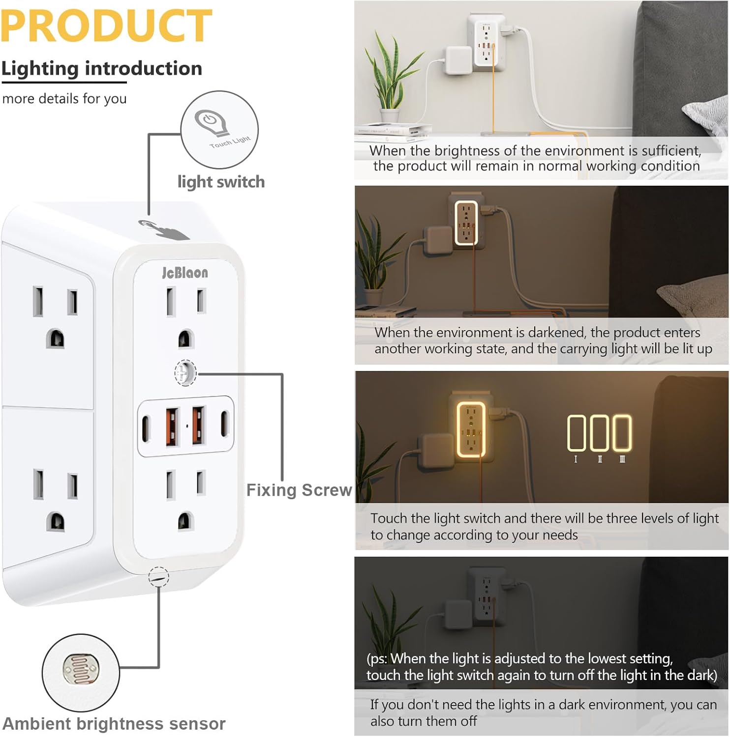Wall Outlet Extender with Night Light, 6 AC Outlet Splitter and 4 USB Charging Ports, Surge Protector Multi Plug Adapter for Home, Office, and Travel - PuriLite