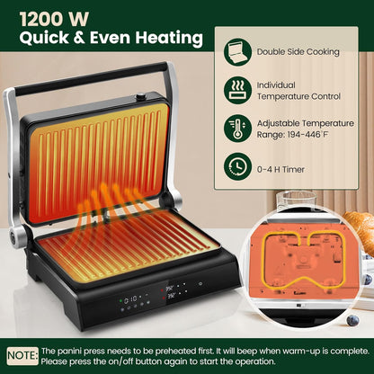 KOTEK 3-In-1 Sandwich Maker, 1200W Indoor Grill w/Floating Hinged Lid, Removable Drip Tray & Non-Stick Coated Plates, Open 180°, 4 Slice Panini Press Grill, 5 Auto Modes, Temperature Control & Timer - PuriLite