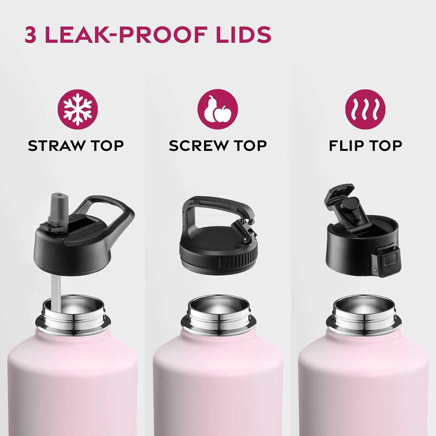 FineDine Water Bottle - Stainless Steel Insulated Water Bottle with Straw Lid, Flip Lid & Wide-Mouth Cap - Keeps Hot and Cold - 25 Oz / 739ml - Pure Pearly White