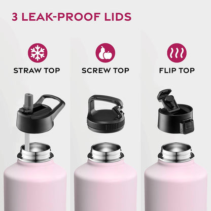 FineDine Water Bottle - Stainless Steel Insulated Water Bottle with Straw Lid, Flip Lid & Wide-Mouth Cap - Keeps Hot and Cold - 25 Oz / 739ml - Pure Pearly White