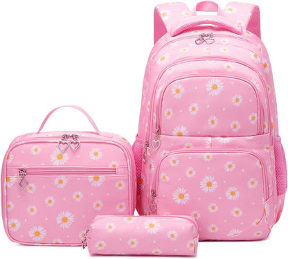 3Pcs Daisy Prints Backpack for Girls Bookbag set Primary School Daypack Elementary Students Knapsack with Lunch Box