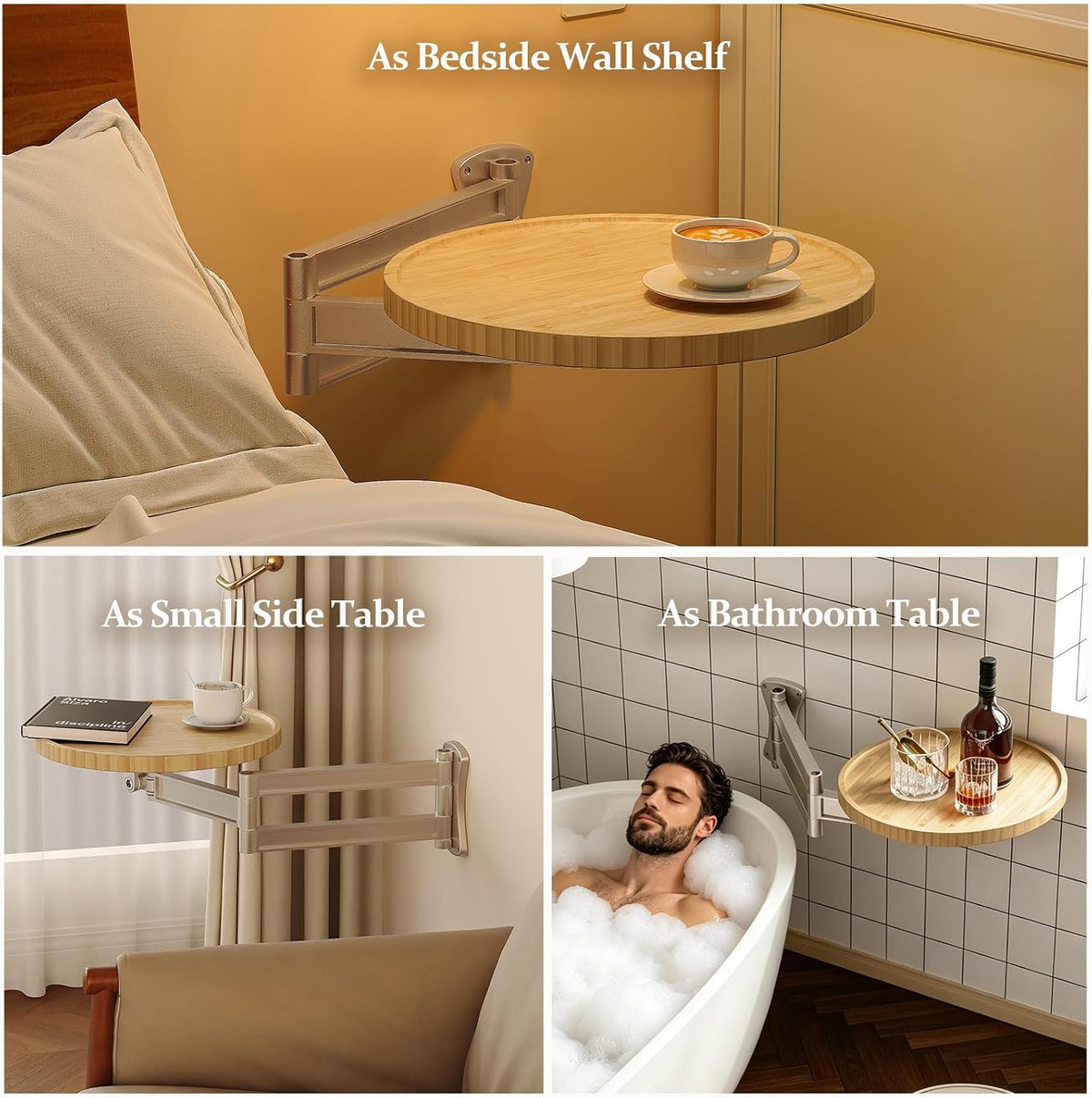 Wall Mounted Folding Table,Small Bamboo Drop Down Floating Wall Desk,11.8" Round Wood Tabletop with Retractable Aluminum Alloy Brackets,Bedside Wall Shelf Drop Top Desk,Fold Down Nightstand