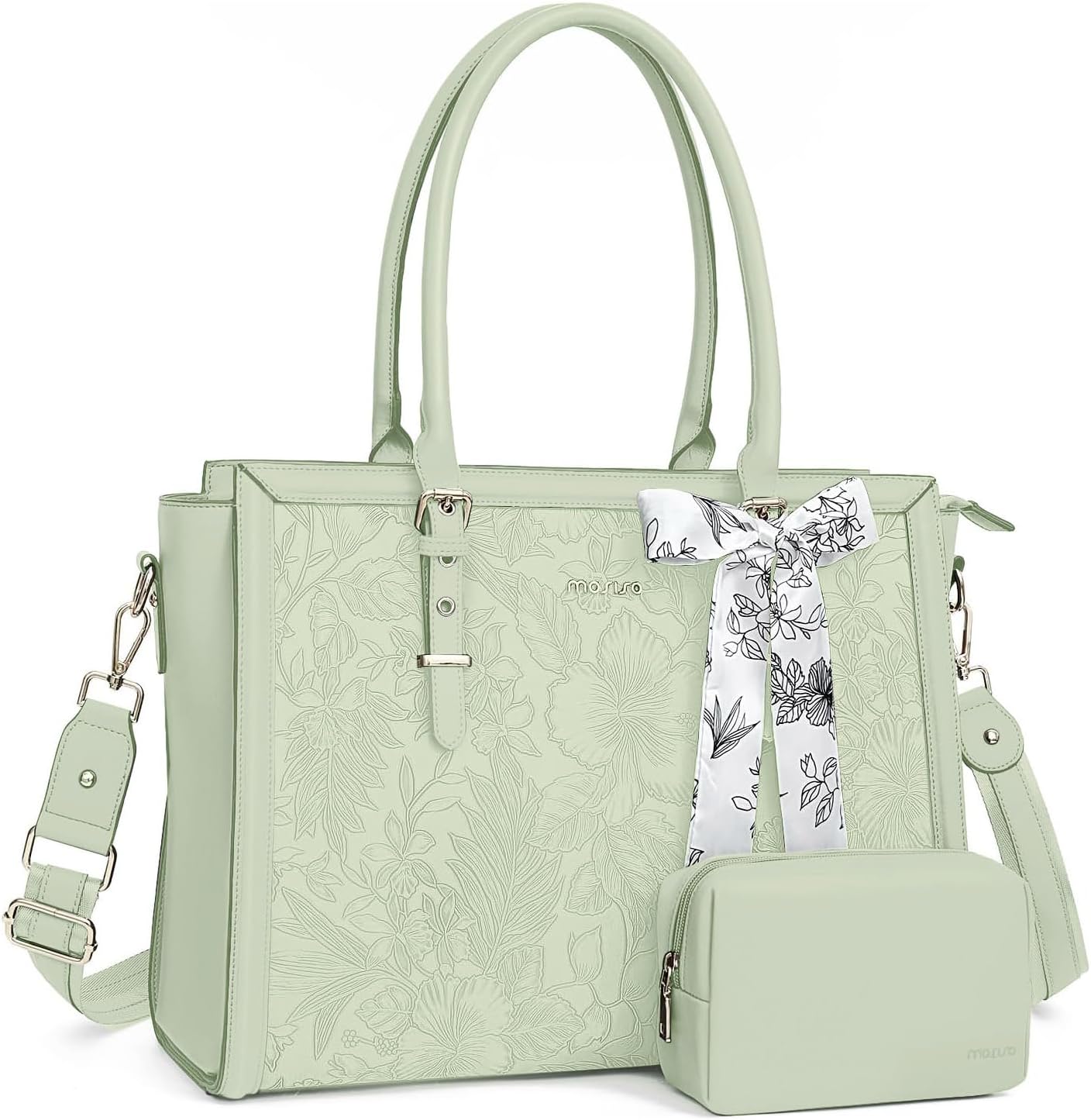 MOSISO Laptop Bag for Women, 17-17.3 inch PU Leathe Tote Bag Compatible with MacBook, HP, Dell, Asus Notebook, Front Embossed Retro Hibiscus Computer Bag with Silk Scarf&Clutch Purse, Gray - PuriLite