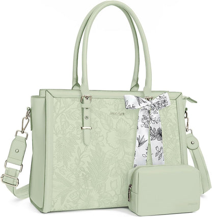 MOSISO Laptop Bag for Women, 17-17.3 inch PU Leathe Tote Bag Compatible with MacBook, HP, Dell, Asus Notebook, Front Embossed Retro Hibiscus Computer Bag with Silk Scarf&Clutch Purse, Gray - PuriLite