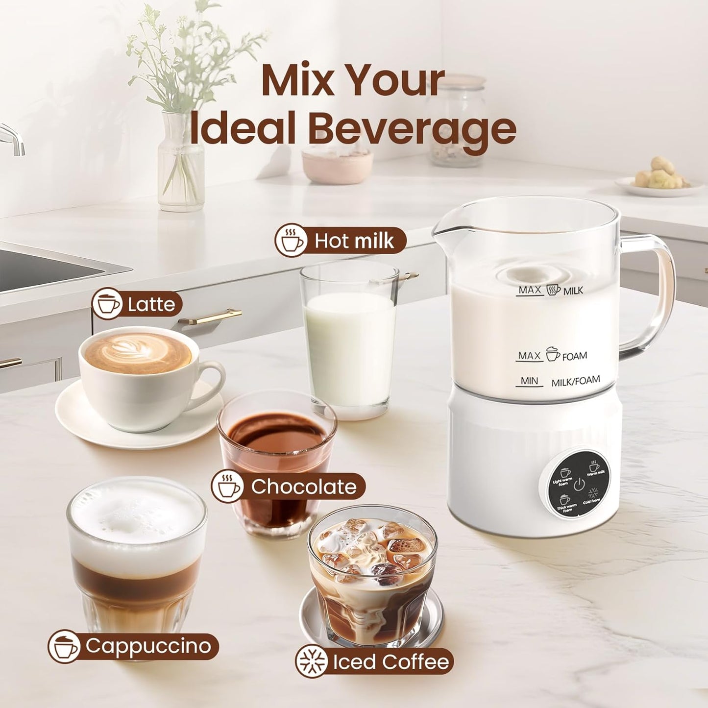 Casimhu 4-in-1 Milk Frother, Electric Milk Frother and Steamer with LED Touch Screen, Non-stick Bottom, Milk Warmer 13.52oz for Lattes, Cappuccinos, and Macchiatos at Home, White