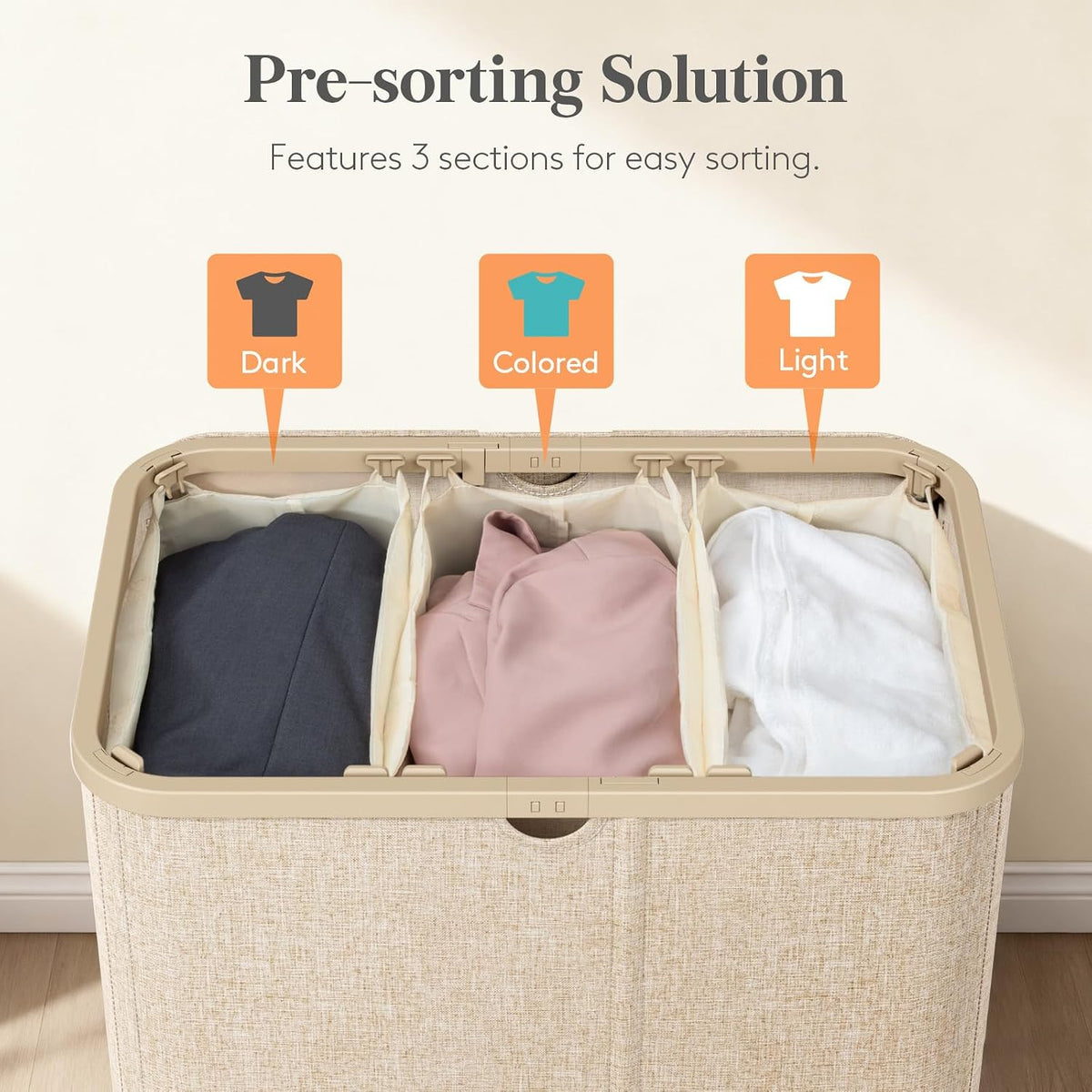 Lifewit 185L Large 3 Section Pop-Up Laundry Hamper with Lid, Beige