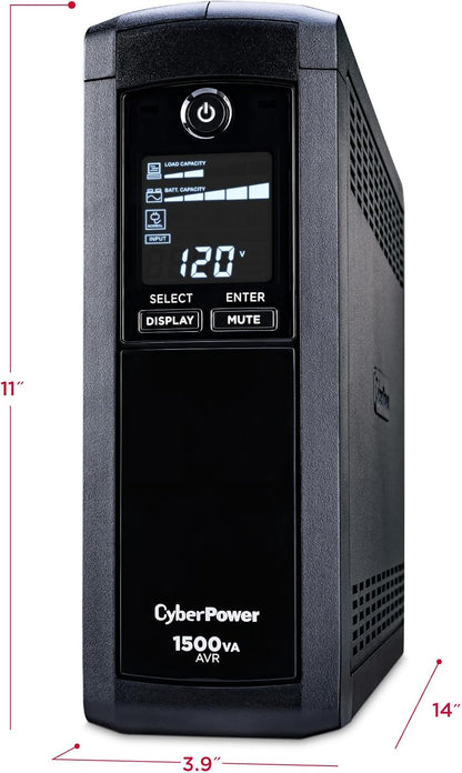 CyberPower CP1500AVRLCD3 Intelligent LCD UPS System, 1500VA/900W, 12 Outlets, 2 USB Ports, AVR, Mini Tower, Black