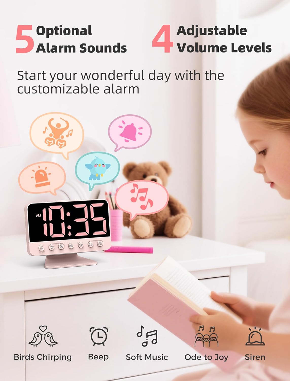 Odokee Digital Alarm Clocks for Bedrooms: Large Bold Number 5 Brightness Dimmer - Easy to Read Across The Room - 5 Alarm Sound 8 Night Light - Silver