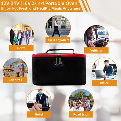 Aotto Portable Oven, Electric Lunch Box Food Heater - 12V/24V/110V 3-in-1 Car Food Warmer - Heated Lunch Box for Adults - Cook, Reheat & Keep Meals Warm for Car, Truck, Travel, Work, Home - Black Red