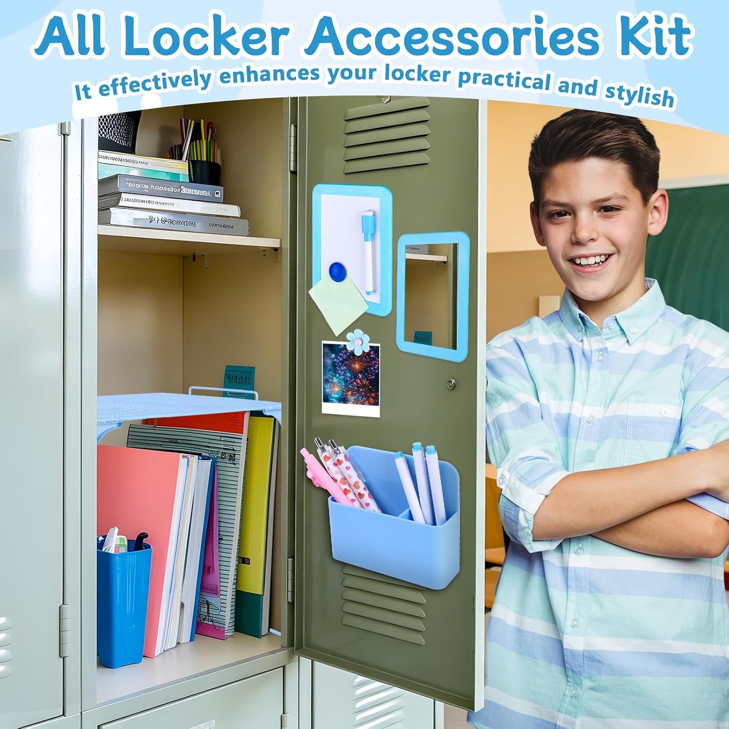 Blue Locker Organizer Kit -15Pcs Back to School Supplies Locker Accessories Kits Includes Shelf, Locker Mirror, Magnetic Whiteboard, Whiteboard Eraser, Pen Holder, Marker, Round Magnet, Flower Magnet