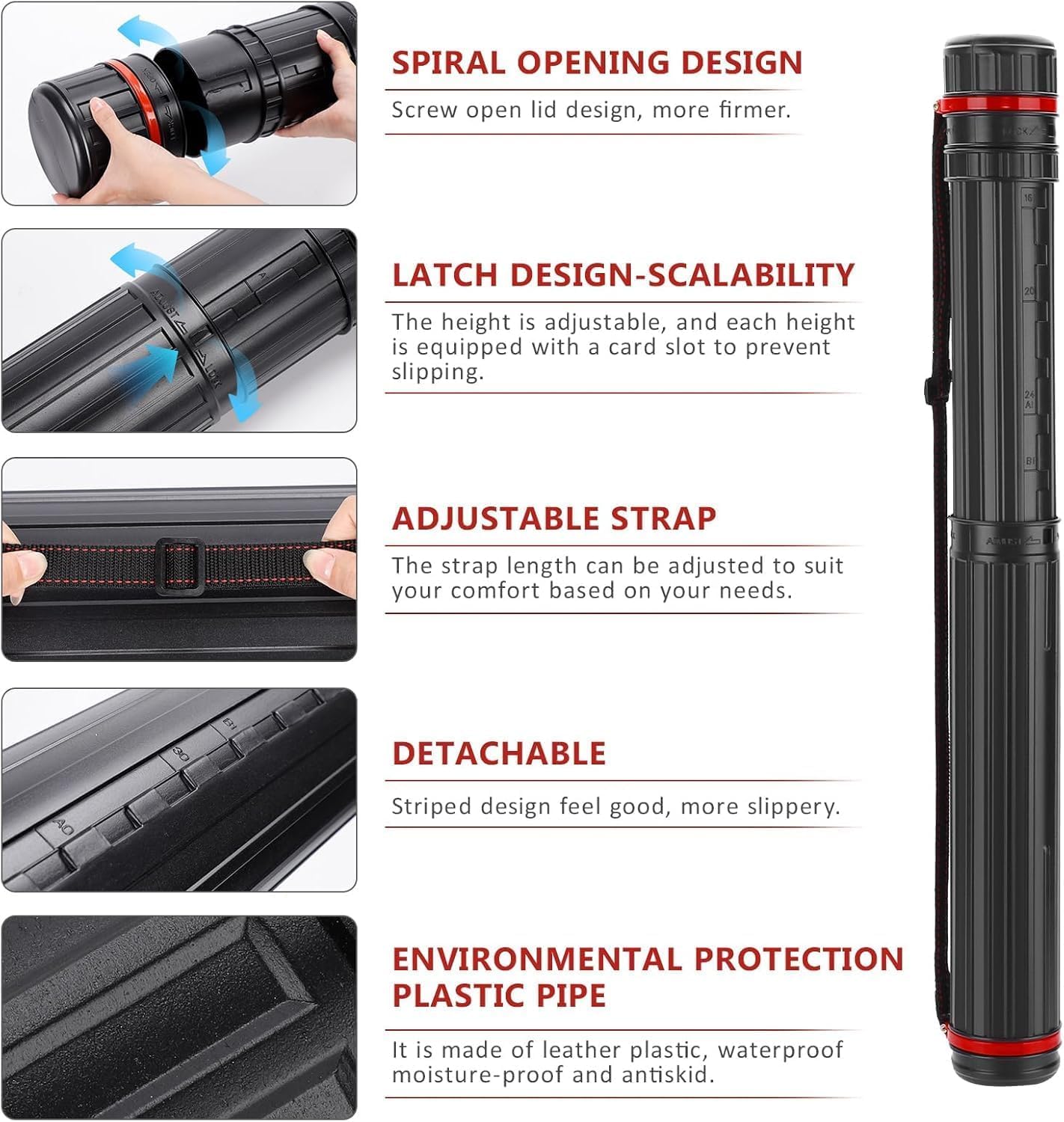 DEWEL Drawing Tube Blueprint Case Telescoping Art Tube Expands from 30”to 52”, Large Plastic Black Fishing Rods Storage Tube Waterproof and Light Resistant Poster Tube with Strap (XL Size)