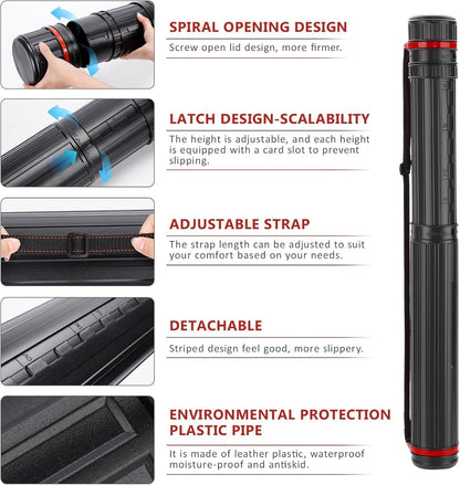 DEWEL Drawing Tube Blueprint Case Telescoping Art Tube Expands from 30”to 52”, Large Plastic Black Fishing Rods Storage Tube Waterproof and Light Resistant Poster Tube with Strap (XL Size)