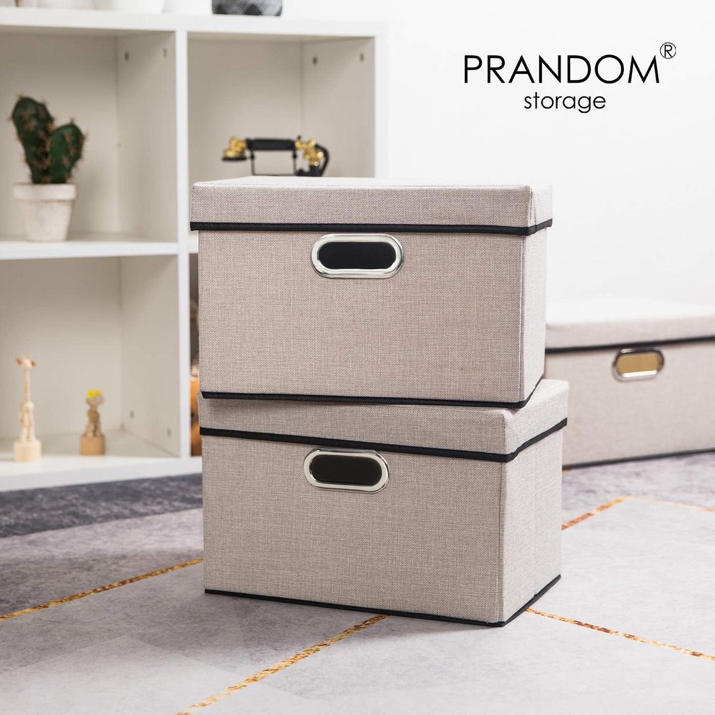 PRANDOM Large Foldable Storage Bin with Lid [1-Pack] Linen Fabric Decorative Storage Box Organizer Containers Basket Cube with Handles Divider for Bedroom Closet Office Living Room (17.7x11.8x11.8")