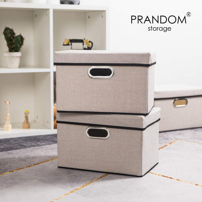 PRANDOM Large Foldable Storage Bin with Lid [1-Pack] Linen Fabric Decorative Storage Box Organizer Containers Basket Cube with Handles Divider for Bedroom Closet Office Living Room (17.7x11.8x11.8")