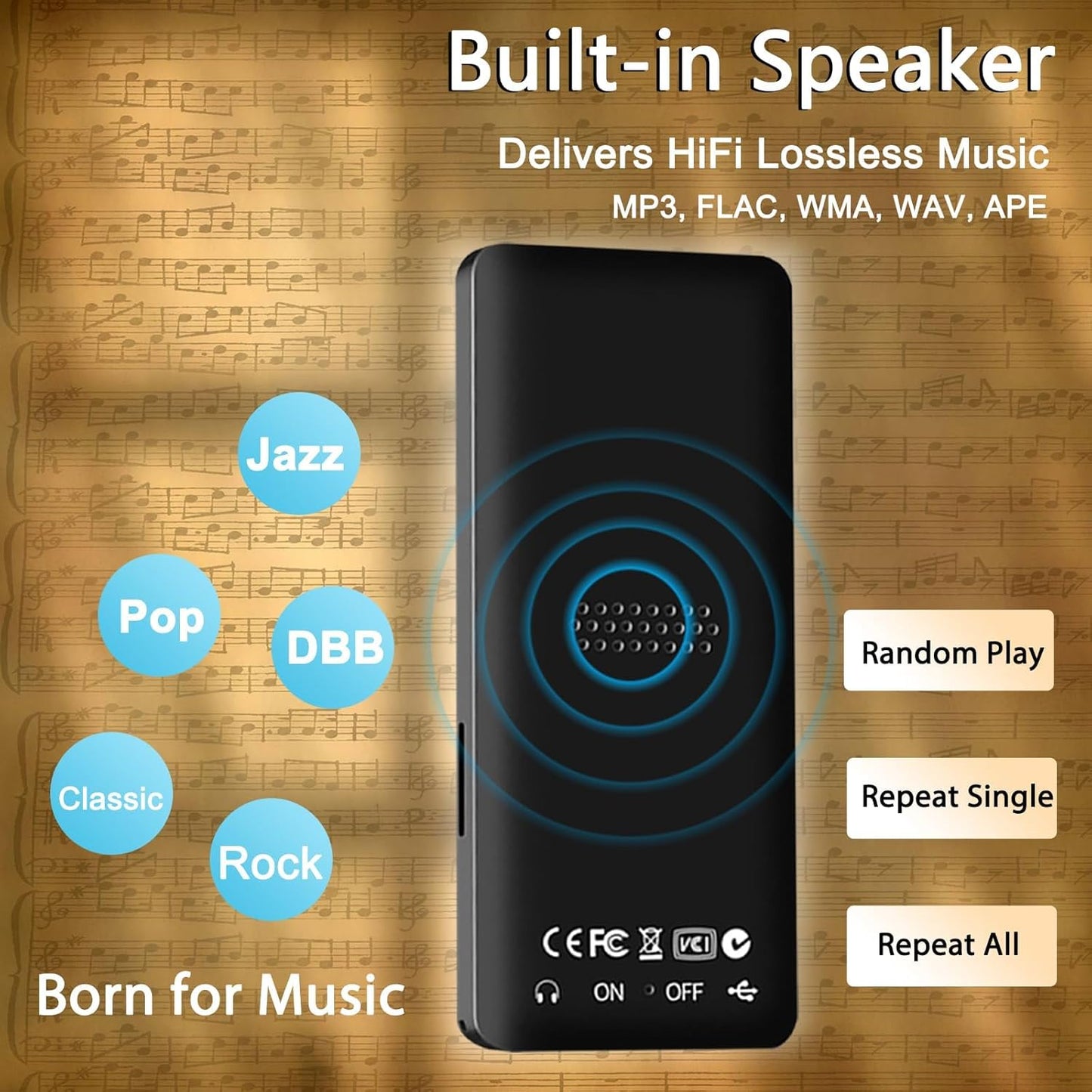 64GB MP3 Player with Bluetooth, SKYBESS HiFi Lossless MP3 Music Players with HD Speaker, FM Radio, Video, Voice Recorder, Alarm Clock Function, Including Earphones, Supports Random Playback