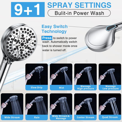 PALAS Rainfall Shower Head/Handheld Showerheads Combo, High Pressure Shower Head with Filter, Reinforced 60" Hose/Holder,Extension Arm Height/Angle Adjustable, Anti-Clog Nozzle (Chrome-8 Inches)
