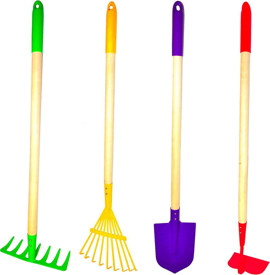 G & F Products 10018 JustForKids Kids Garden Tool Set Toy, Rake, Spade, Hoe and Leaf Rake, Reduced Size, 4-Piece