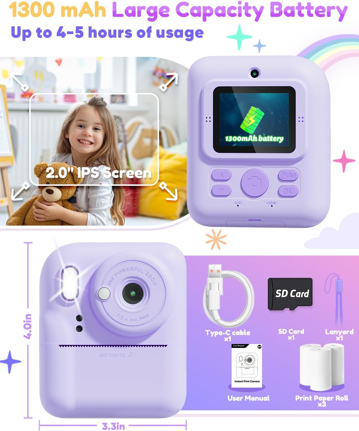 Pussan Kids Camera Instant Print, 1080P Instant Print Camera Toys for 3-12 Year Old Girls, Christmas Birthday Gifts for Age 3 4 5 6 7 Girls, Kids Digital Camera Toys with 3 Rolls Print Paper-Pink