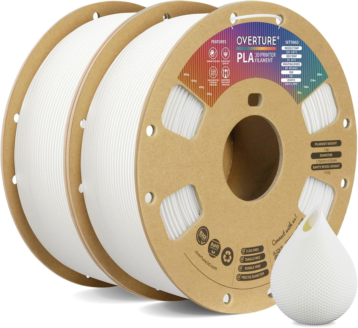 OVERTURE PLA Filament 1.75mm PLA 3D Printer Filament, 1kg Cardboard Spool (2.2lbs), Dimensional Accuracy +/- 0.02mm, Fit Most FDM Printer (Black 1-Pack)