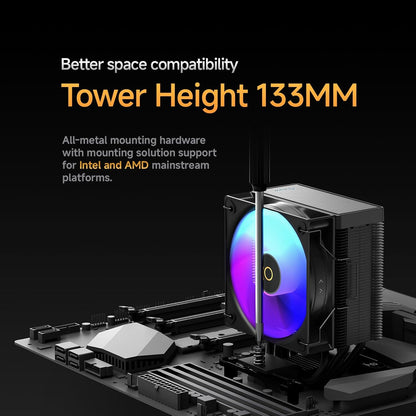 Gamma A40 ARGB BK CPU Cooler,100mm PWM Fan,133mm Height Single Tower Computer Compact CPU Air Cooler,4 Copper Heat Pipes,ARGB Function,Fancy Top Cover,for Intel LGA 115X/1200/1700/1851&AMD AM4/AM5