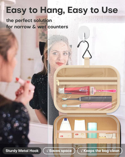 HOTOR Travel Toiletry Bag for Women - Spacious Toiletry Bag for Men, Waterproof Makeup Bag with Hanging Hook and Multiple Pockets, Travel Accessories, Travel Essentials, Black, Medium