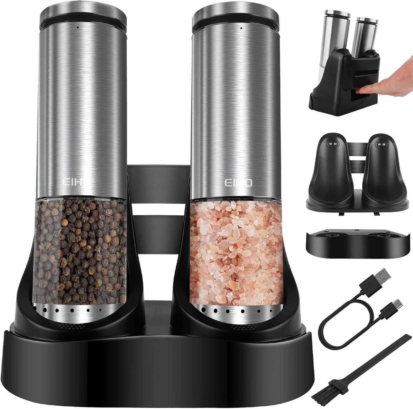 EIHO Electric Salt and Pepper Grinder Set USB Rechargeable, Upgraded External Adjustable Coarseness, Aluminum Alloy Automatic Salt and Pepper Shakers Mills with LED Light, House Warming Cooking Gifts