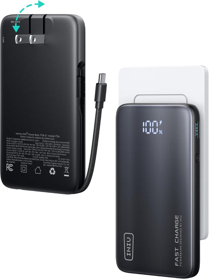 INIU 3-in-1 Portable Charger, Slim 10000mah Power Bank with Built-in USB C Cable and Foldable AC Plug, 45W PD Fast Charging Battery Pack, Travel Charger for iPhone 16 15 Samsung S23 S22 Google etc
