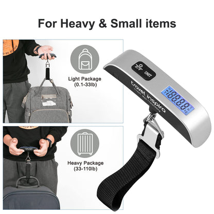 travel inspira Luggage Scale, Portable Digital Hanging Baggage Scale for Travel, Suitcase Weight Scale with Rubber Paint, 110 Pounds, Battery Included - Blue