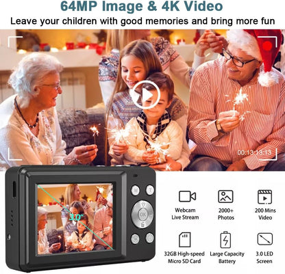 4K Digital Camera for Photography, 64MP Autofocus Vlogging Cam for YouTube, Anti-Shake, 3.0'' LED Screen, 18X Zoom, Pink Point and Shoot Digital Camera for Teens Adult Beginner, 32GB TF Card
