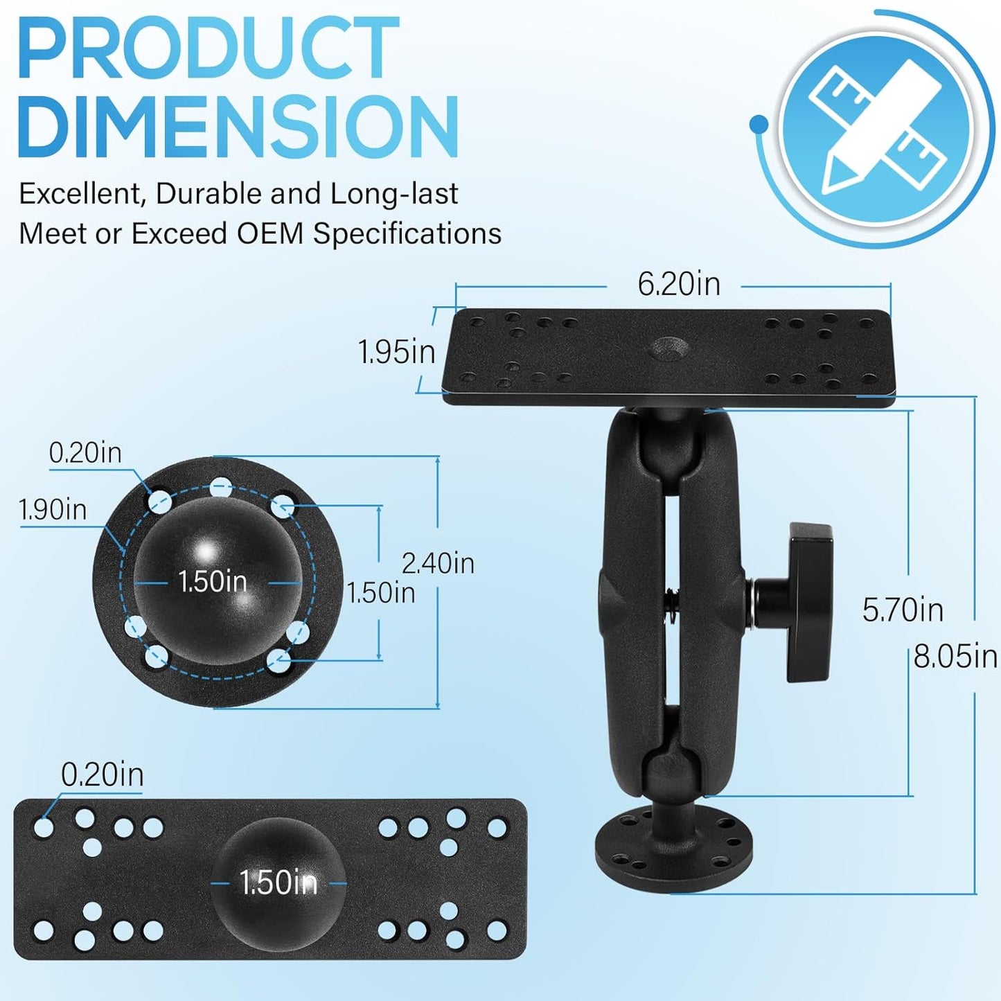 Aluminum Fish Finder Mount with 1.5" / C Size Ball, Medium Arm Marine Electronic Depth Finder Mount for Boat, 360° Rotation, Fits for Garmin, Lowrance, Humminbird, and More