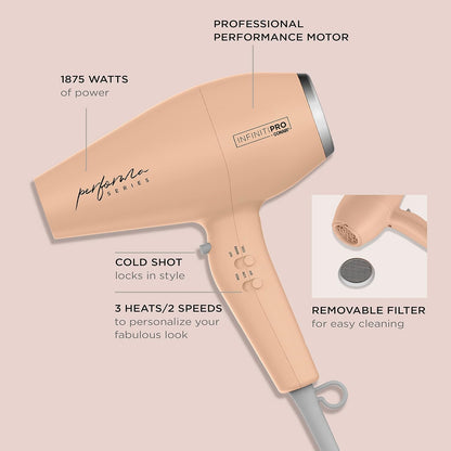 INFINITIPRO BY CONAIR Performa Series Hair Dryer with Diffuser plus 3 Other Attachments | Blow Dryer with Professional Performance Motor | Blush Pink | Great for travel