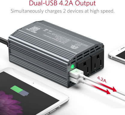 BESTEK Power Inverter DC 12V to AC 110V - 300W Car Plug Adapter Outlet with 4.8A Dual USB Fast Charging Port - Car Charger Cigarette Lighter Adapter for Phone, Laptop on Road Trip - Aluminum Housing