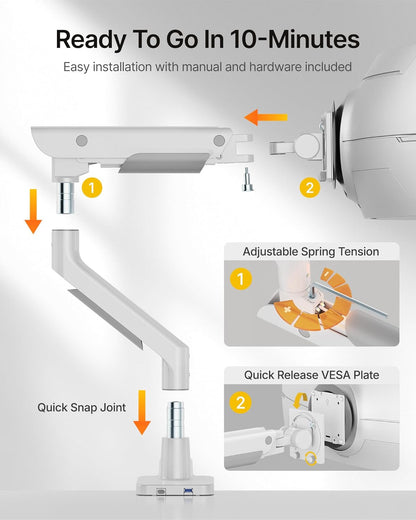 monTEK Premium Aluminum Monitor Arm for 17–57” Ultrawide Screens up to 59 lbs, USB 3.0 Single Desk Mount with Adjustable Gas Spring, Quick-Release Plate, 10-Min Assembly, Clamp/Grommet, VESA 100x100