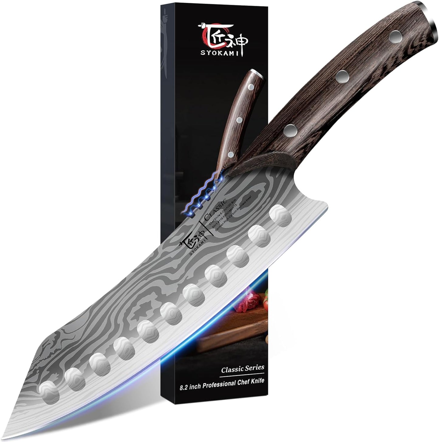 SYOKAMI Meat Cleaver Chef Knife, 7.7 Inch Multifunction Butcher Knife with Herb Stripper and Sheath, Chinese Cleaver Heavy Duty Bone Chopper, Meat Cutting, Damascus Pattern Full Tang Wood Handle