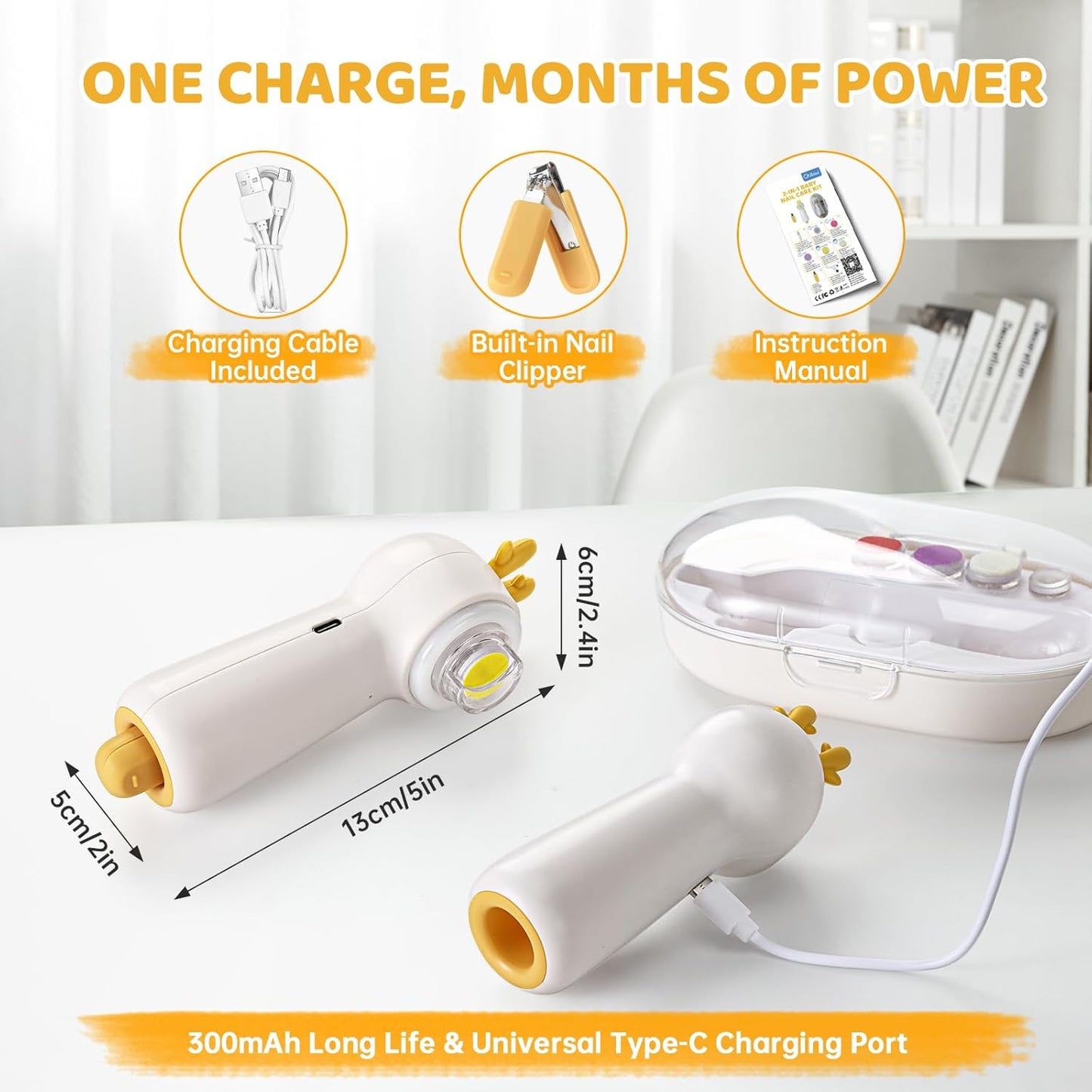 Baby Electric Nail File with Clipper, 5-in-1 Baby Nail Trimmer with LED Light, Rechargeable Nail Clippers for Infant Toddler Kid Adult, Low Noise, Includes 5 File Pads, Yellow Deer
