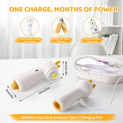 Baby Electric Nail File with Clipper, 5-in-1 Baby Nail Trimmer with LED Light, Rechargeable Nail Clippers for Infant Toddler Kid Adult, Low Noise, Includes 5 File Pads, Yellow Deer