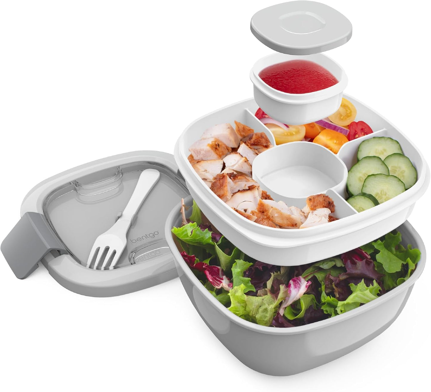 Bentgo Salad - Stackable Lunch Container with Large 54-oz Salad Bowl, 4-Compartment Bento-Style Tray for Toppings, 3-oz Sauce Container for Dressings, Built-in Reusable Fork & BPA-Free (Khaki Green)