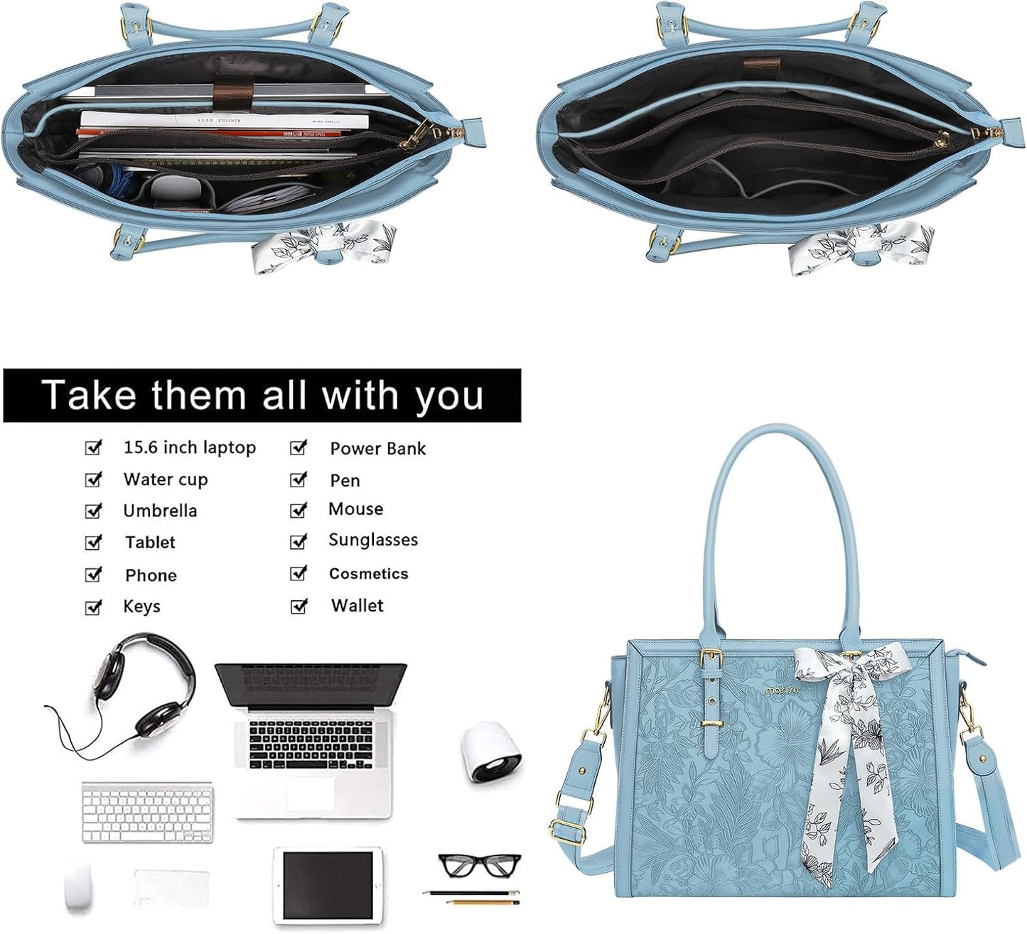 MOSISO Laptop Bag for Women, 17-17.3 inch PU Leathe Tote Bag Compatible with MacBook, HP, Dell, Asus Notebook, Front Embossed Retro Hibiscus Computer Bag with Silk Scarf&Clutch Purse, Gray - PuriLite