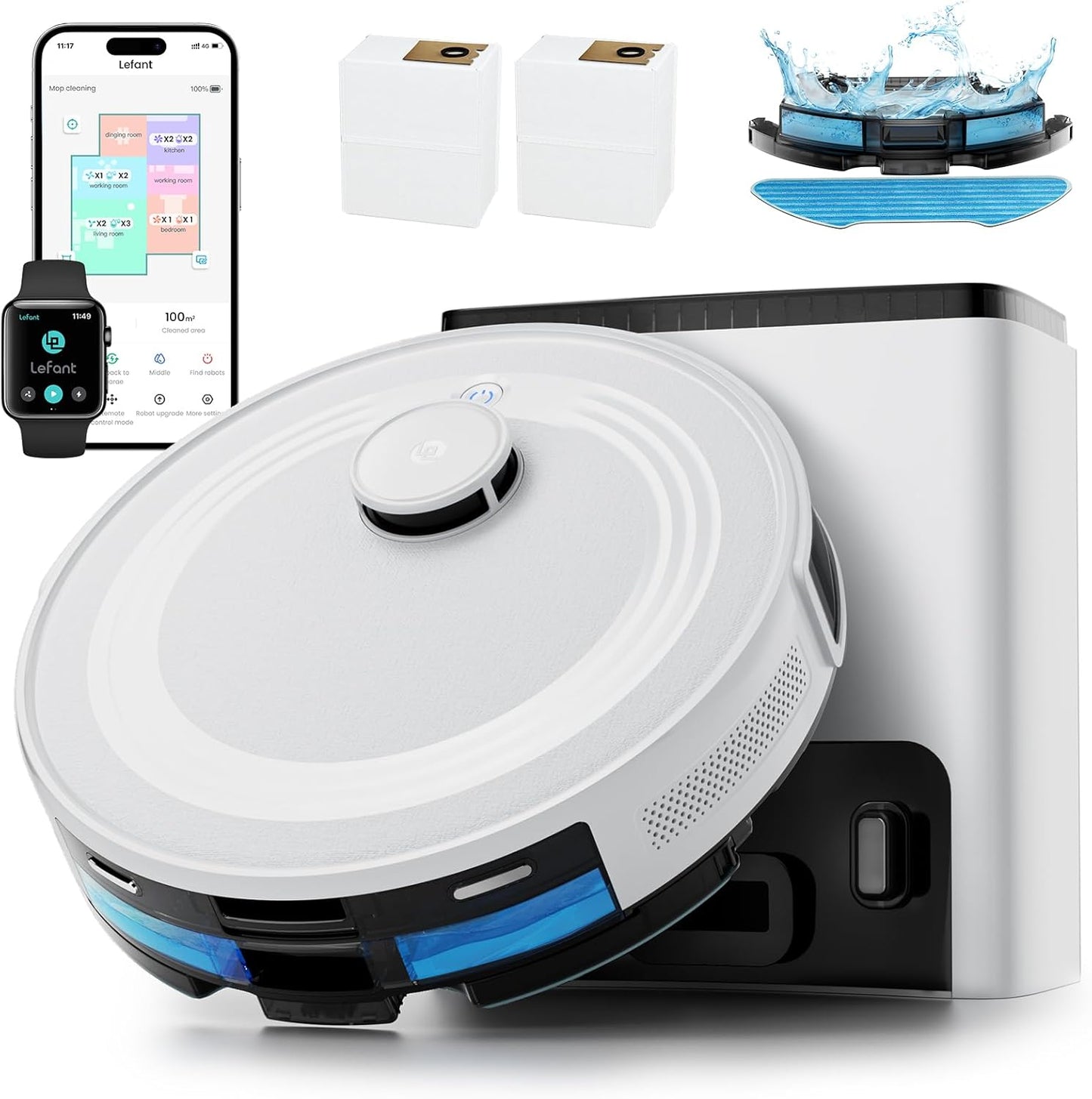 Lefant M2 Plus Robot Vacuum and Mop Combo,190° PSD Obstacle Avoidance,LIDAR Navigation,6000Pa Powerful Suction,40-Day Capacity, Perfect for Pet Hair,140 Min Runtime, WiFi/App/Alexa