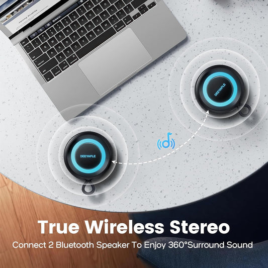 Deeyaple Portable Bluetooth Speaker, IP67 Waterproof Mini Bluetooth Speaker Wireless V5.3 with Stereo Sound,All Day,TWS Pairing,LED Light,Gift for him/her (Black) - PuriLite