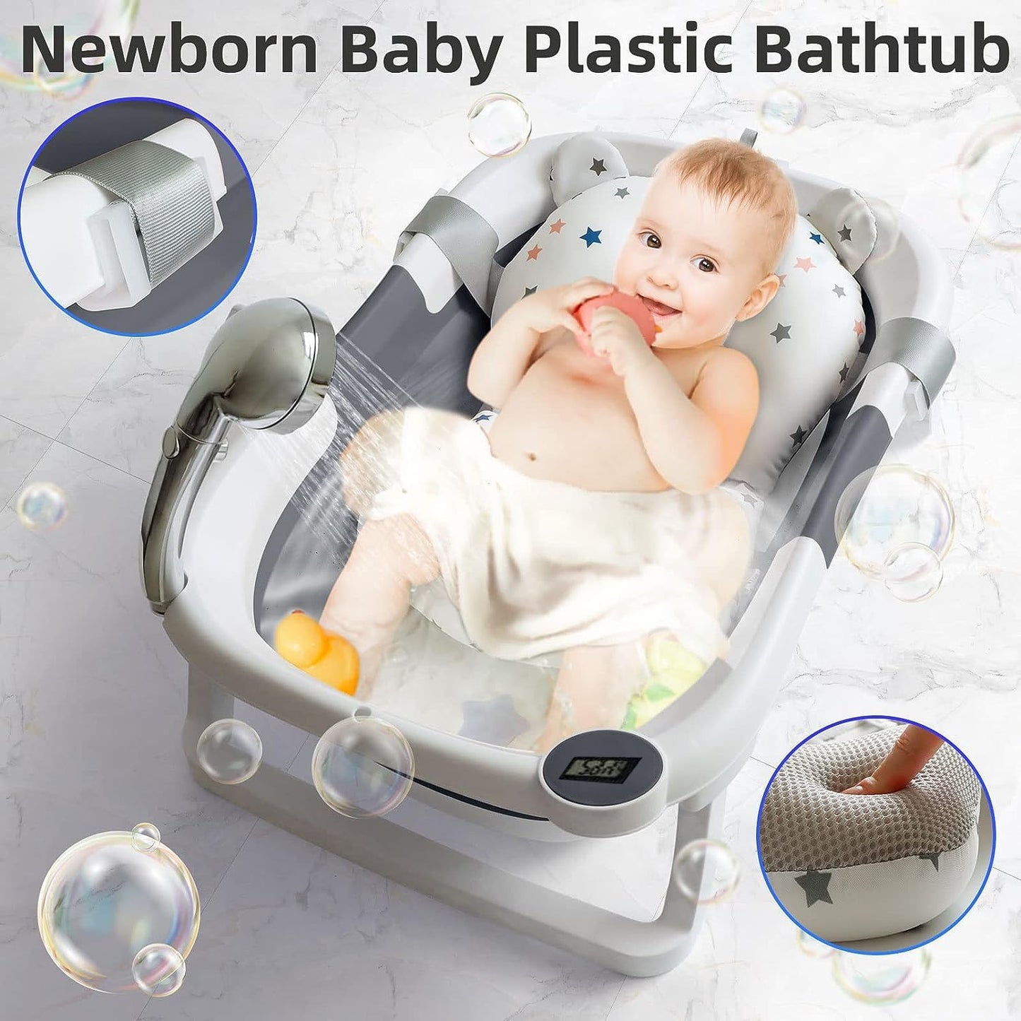 Befol Collapsible Baby Bathtub for Infants to Toddler, Portable Travel Bathtub Multifunctional Bathtub with Drain Hole, Baby Folding Bathtub for Newborn 0-36 Month (Blue+Floating Baby Bath Cushion Pink