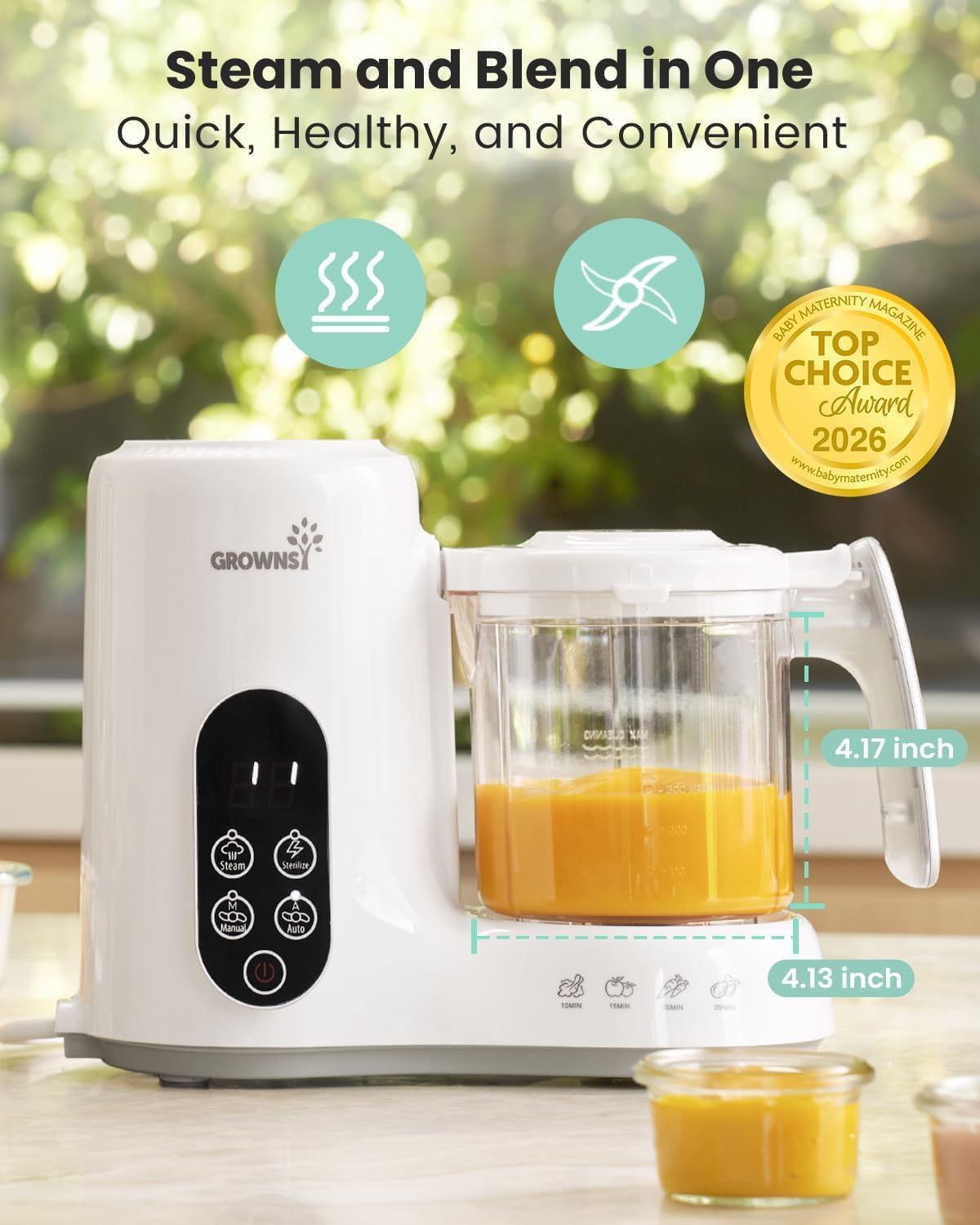 Grownsy Baby Food Maker, Steamer & Blender Food Processor, White Steamer, Blend, Sterilize, Heat, Thaw - Baby Food Robot for Weaning, Easy to Use and Clean