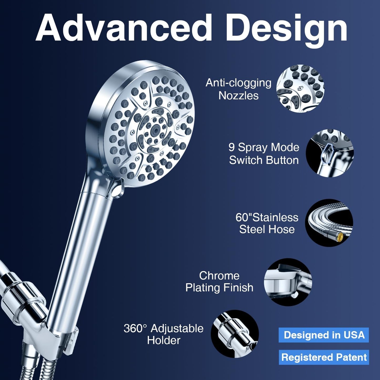 High Pressure 10-Mode Handheld Shower Head - Built in Power Wash for Clean, Replaceable Filter Soften Hard Water Remove Chlorine, 60 Inches Hose, Overhead Bracket, Anti-Clog Nozzle (Chrome)
