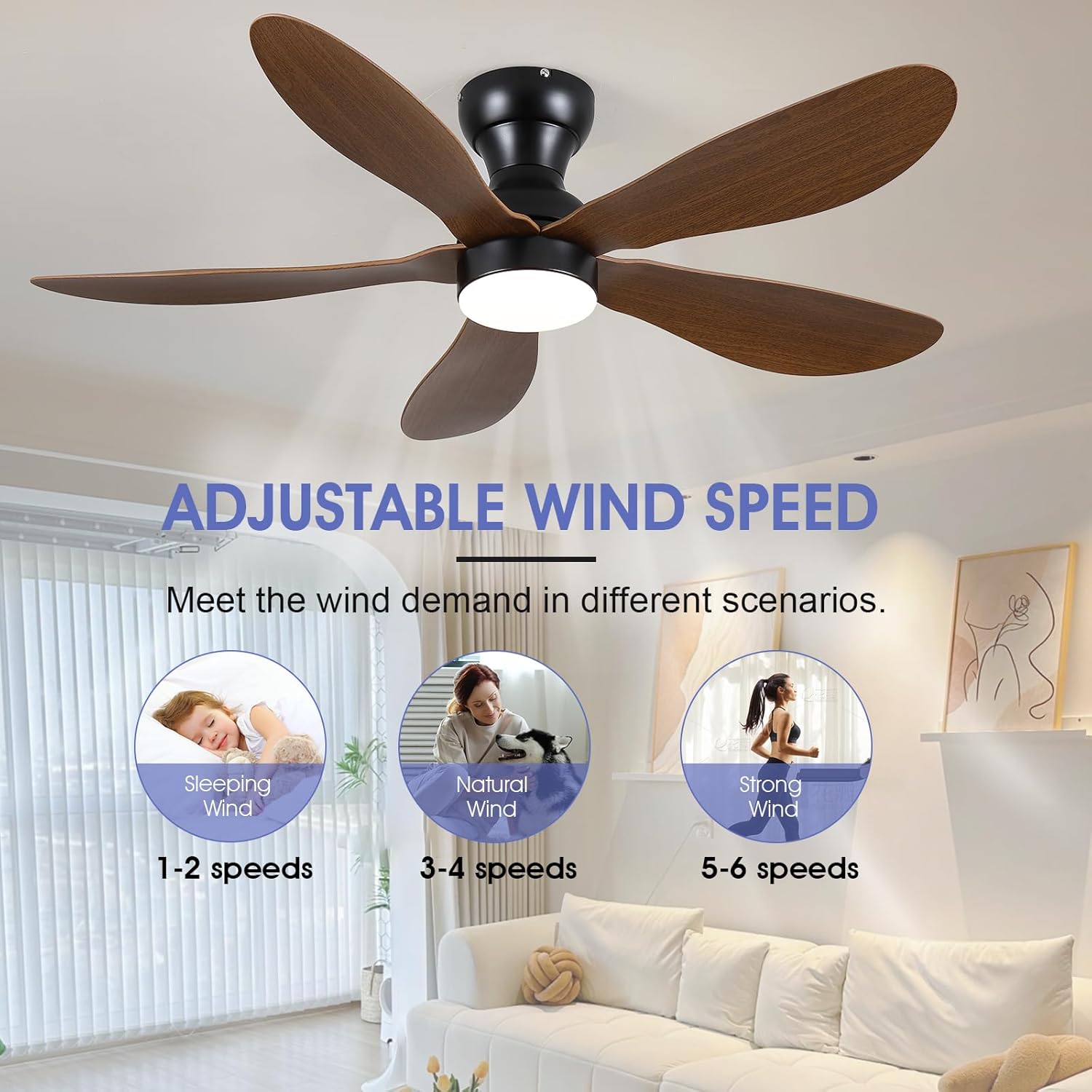 Modern Ceiling Fans with Lights Remote/APP Control, 29" Flush Mount Ceiling Fans with 3 CCT Dimmable Lights, Low Profile Ceiling Fans with 5 Propeller Blades LED Lights for Kids Room Bedroom, Brown - PuriLite