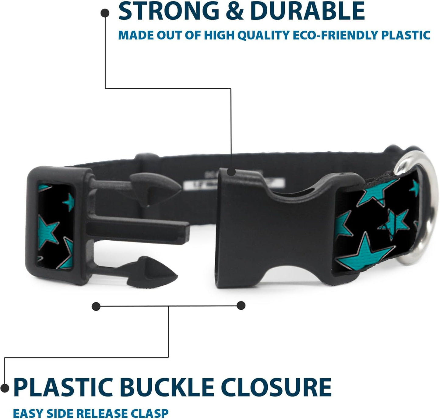 Buckle-Down PC-W21909-M Dog Collar Plastic Clip Buckle, 1"x11"-17", Star Black/White