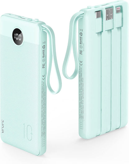 VRURC 10000mAh Power Bank Built-in Cables, Portable Charger with LED Display, Slim Intelligent Travel Battery Pack with Cords, 5 Output Dual Input Phone Charger for Cell Phone Smart Devcies-Blue
