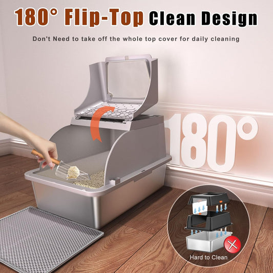 Stainless Steel Cat Litter Box with Lid, 180° Flip Top XL Enclosed Litter Box with Trapping Mat & Metal Scoop, Front Top Dual Entry Steel Extra Large Cat Litter Pan (Grey, X-Large) - PuriLite